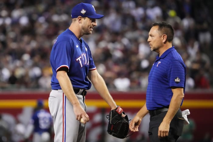 Max Scherzer was dealing with back spasms, forcing the Texas Rangers' Game 3 starter leaver after three scoreless innings Monday night.